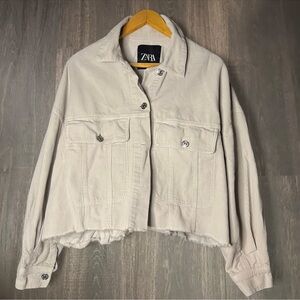 Zara Cropped Corduroy Jacket Button Front Neutral Beige